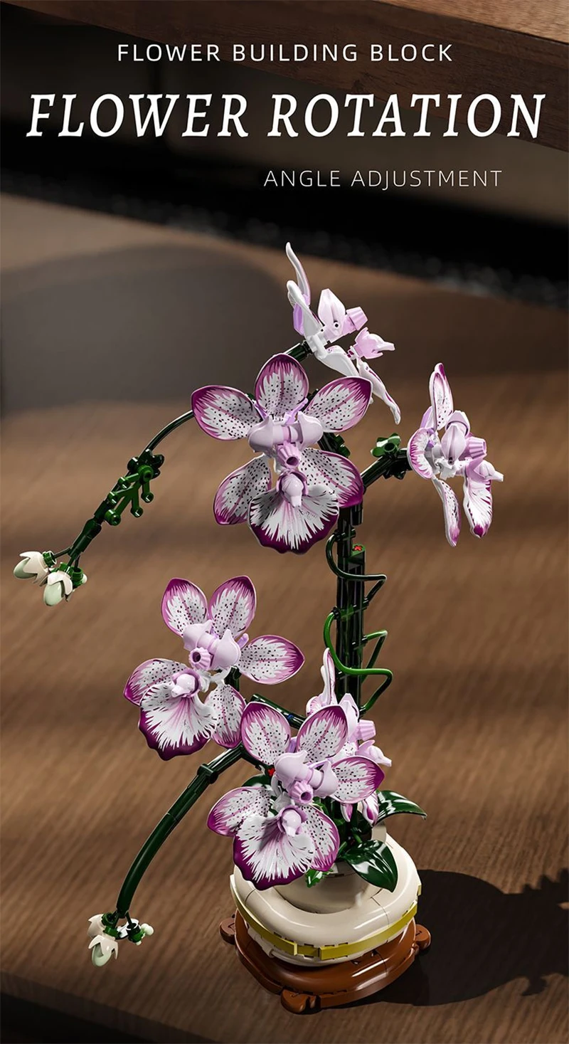 Kreativer Orchideen-Blumenstrauß, Blumen im Topf, Bausteine, unsterbliche Blume, Heim- und Schreibtischpflanzen-Dekoration, zusammenbaubares Baustein-Spielzeug, Geschenk für Teenager. – Detail 5