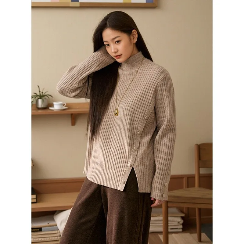 Plus size, 240kg core spun yarn with split ends, woolen woven semi high neck, versatile outerwear sweater 9179