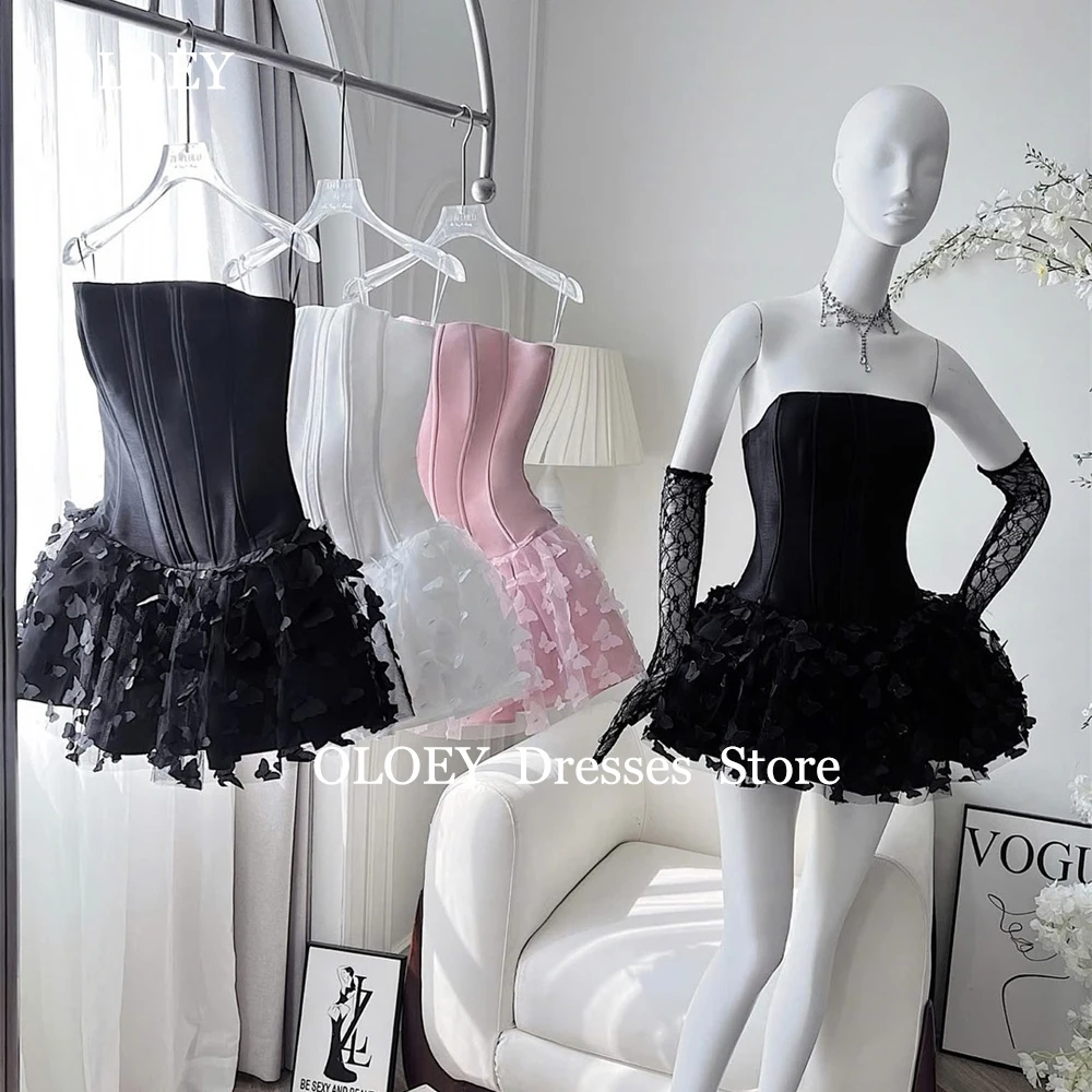 OLOEY Modern Strapless Puffy Prom Cocktail Dresses 3d Butterflies Customized Mini Wedding Party Gowns Zipper Corset Back