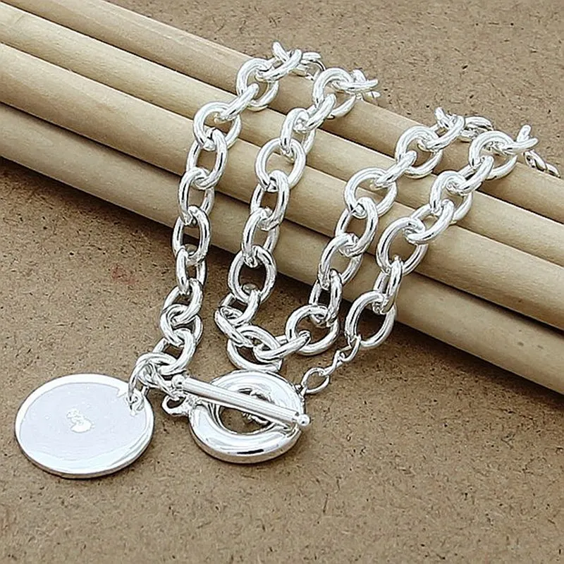 

925 Sterling Silver Round Pendant Necklace Chain For Women Fashion Wedding Engagement Party Jewelry Gifts