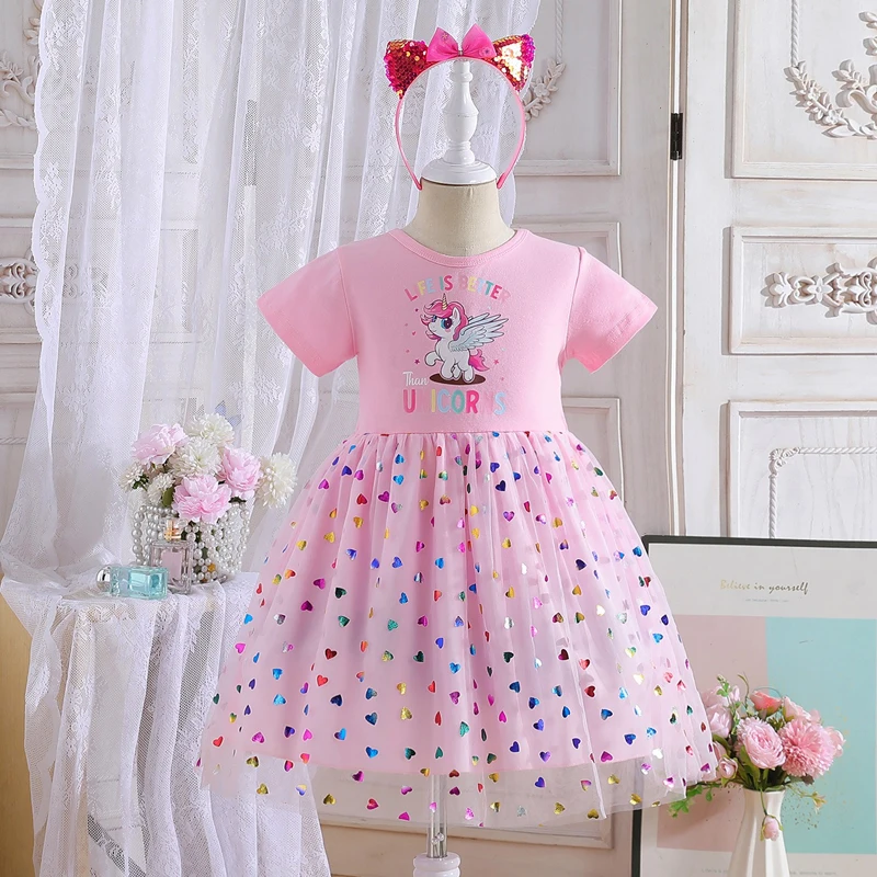 2025 New Unicorn Girls Dress Pink Kids Clothes Summer Short sleeve Princess Dresses Party Baby Dresses for Children Rainbow 2-8Y