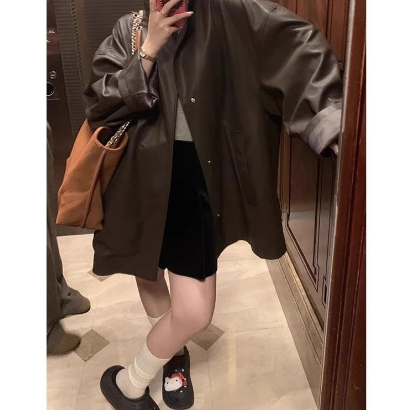 Fall 2025 New Korean Version of Retro Stand-up Collar Shirt Leather Jacket Women's Trench Coat Jacket Versatile Top