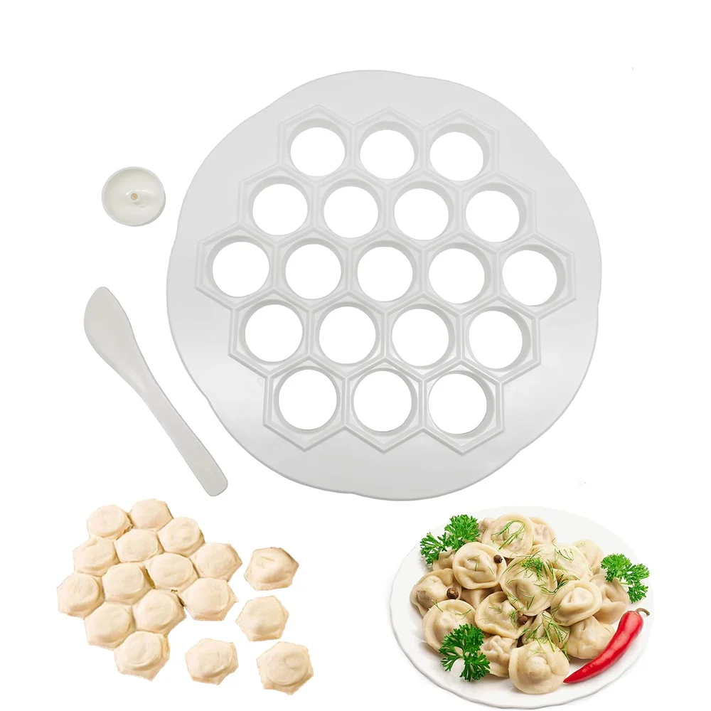 Molde para hacer raviolis ruso, 19 agujeros, plástico de calidad alimentaria, duradero, fácil de limpiar, Pelmeni Pierogi Maker con cuchara de relleno, sin BPA