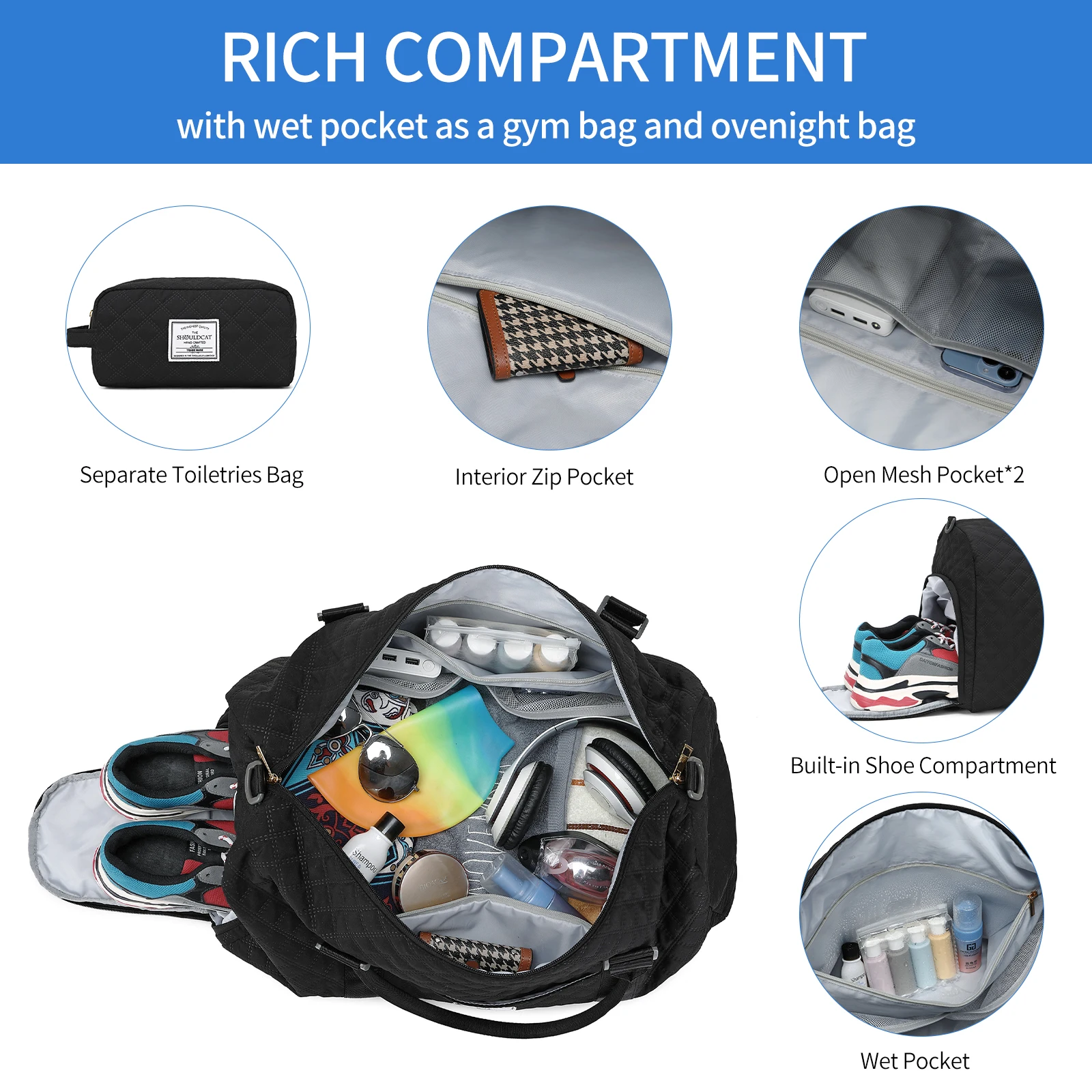 In Stock Embroidery Large Capacity Travel Bag Duffel Bag with Shoe Compartment Sport Gym Travel Waterproof