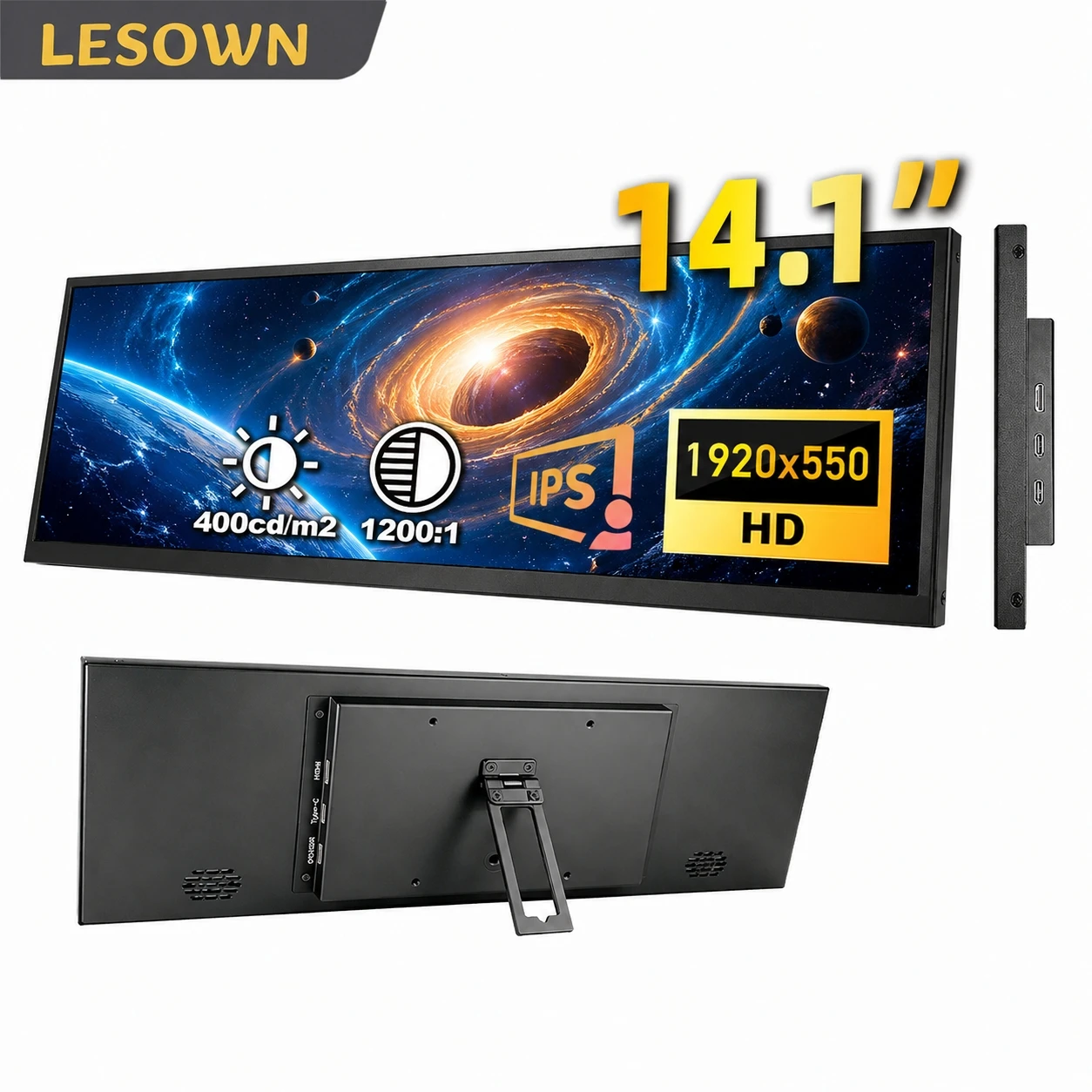 LESOWN 14.1 Inch Travel Screen Monitor 16:4 High Contrast Portable Display Plug and Play for Business