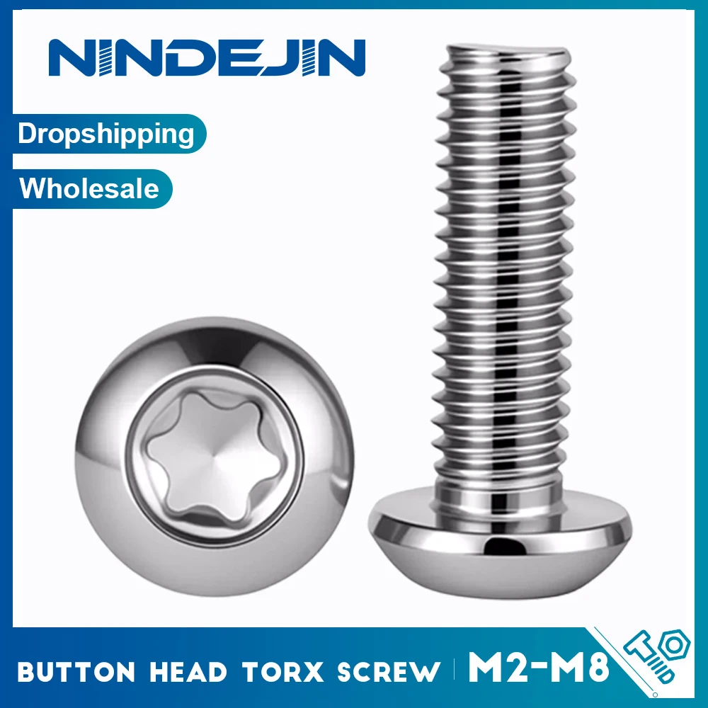 NINDEJIN Torx Button Head Machine Screw M2 M2.5 M3 M4 M5 M6 M8 304 Stainless Steel Six-Lobe Star Drive Flat Round Head Screw