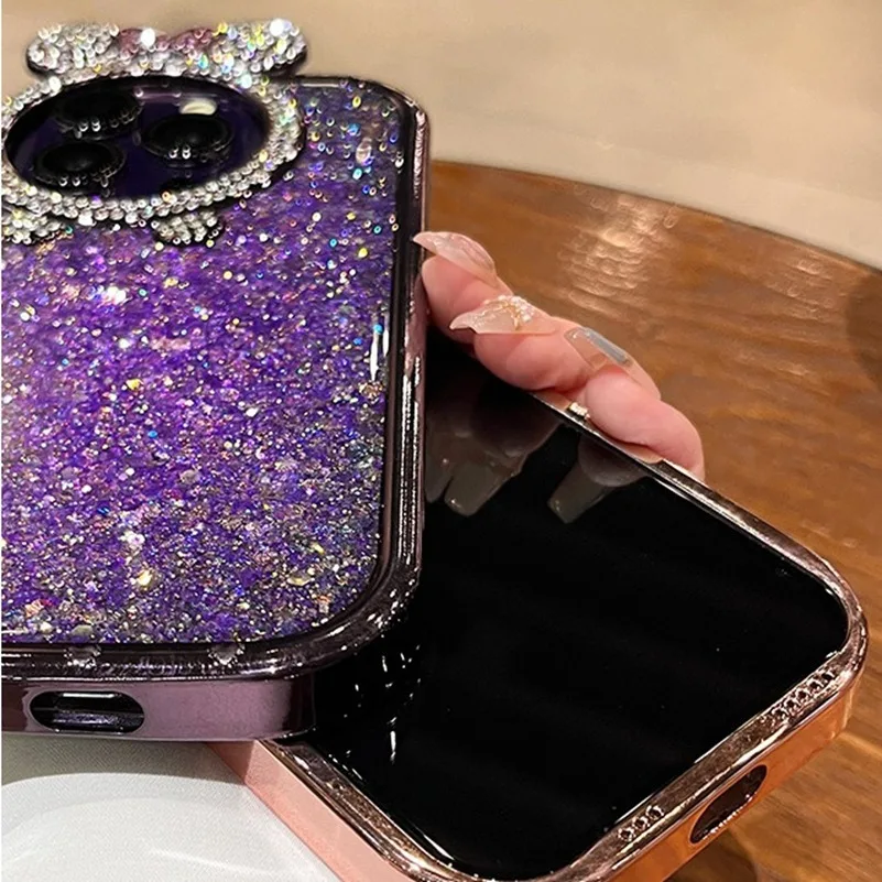 Custodia per orecchie con orso di diamanti per iPhone 15 Pro Max 14 Pro 12 13 Pro Max placcatura con paillettes colorate custodia morbida per ragazza di lusso in Silicone