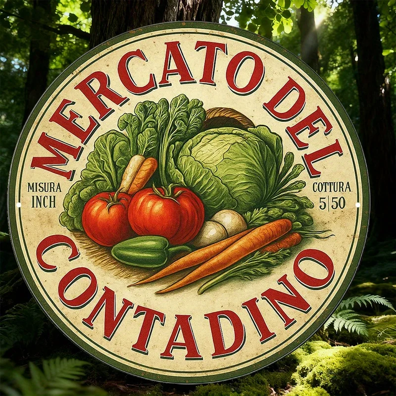 A Vintage Decorative Sign, Featuring a Round Italian Aluminum Plaque Related to The 'Mercato Del Contadino Farmers Market'