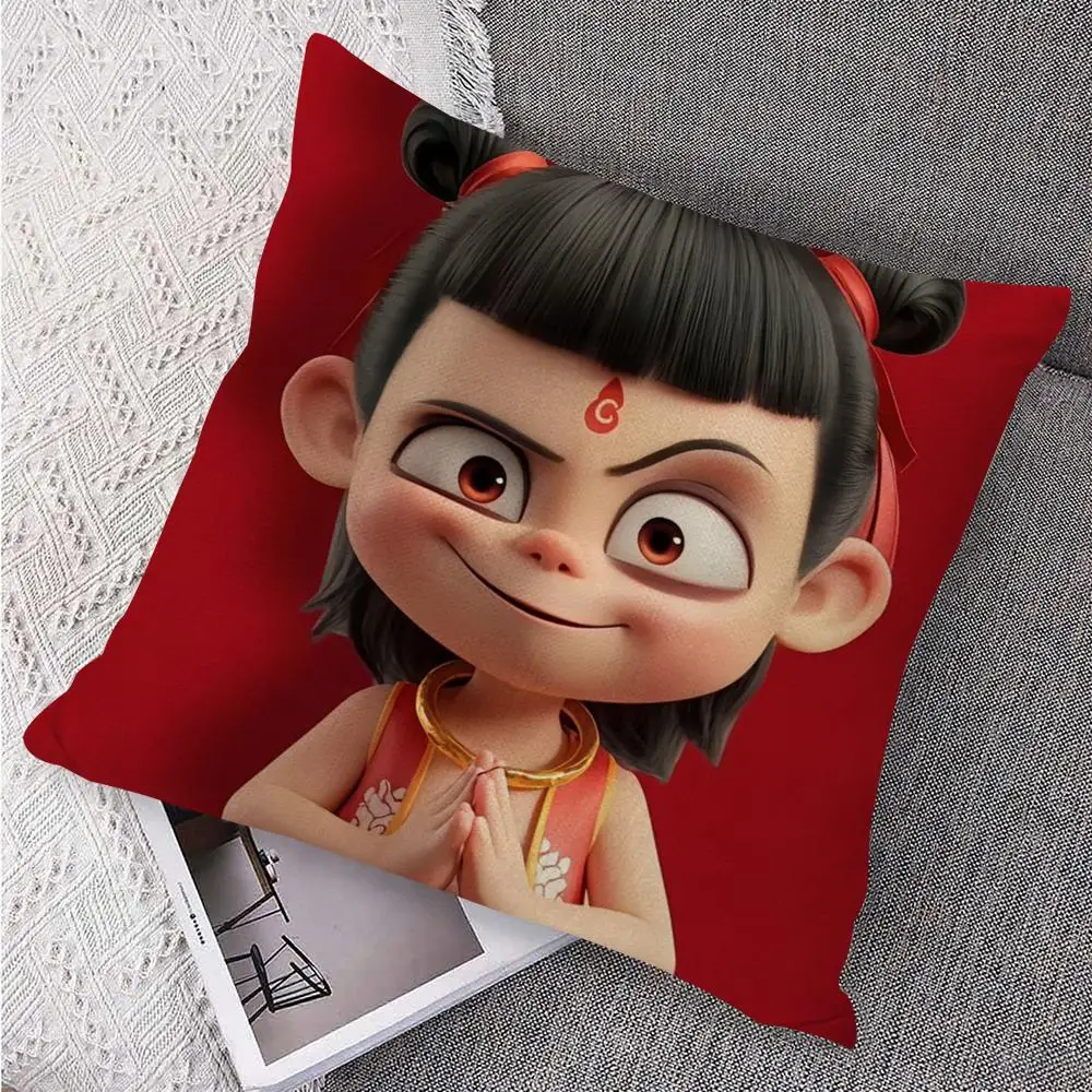 الفيلم الشهير N-Nezha غطاء الوسادة الكتان الطبيعي النسيج العضوي الوجهين الطباعة أريكة ديكور المنزل هدية كيس وسادة #4