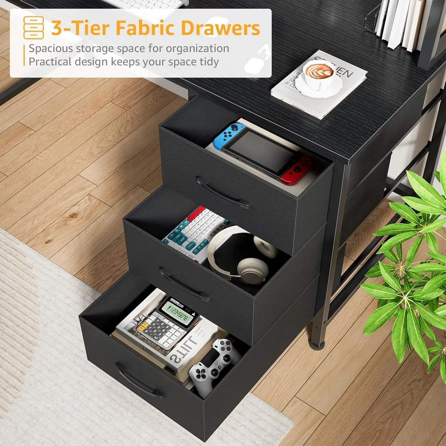 Black Computer Desk with Hutch & Drawers -Office Desk with 3 Storage Drawers and Power Outlets,47 Inch Modern Study Writing Desk