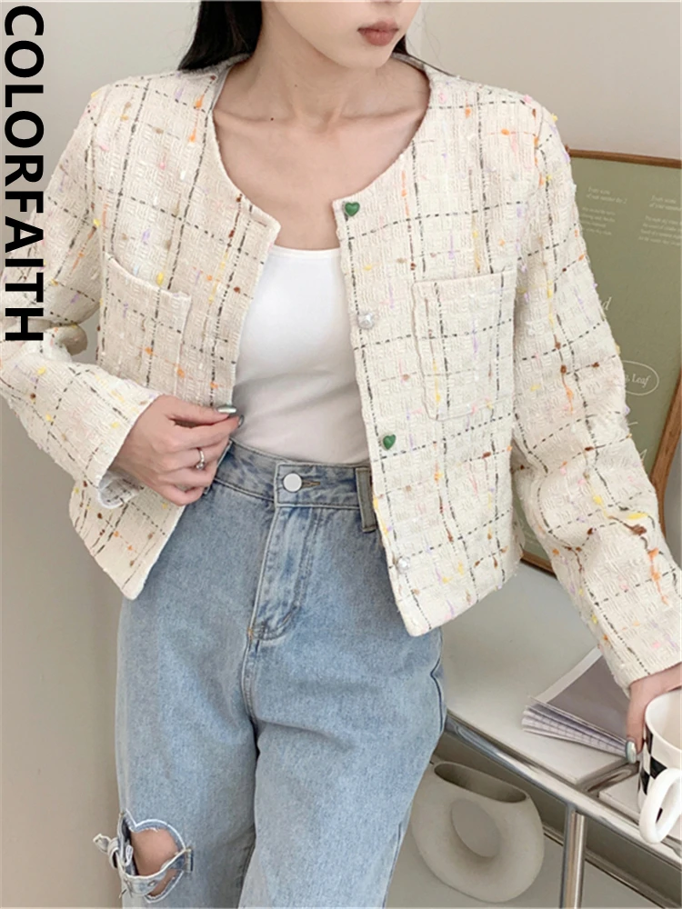 Colorfaith JK6855JM New 2024 Korean Fashionable Vintage Checkered Elegant Office Lady Chic Autumn Winter Women's Short Jackets