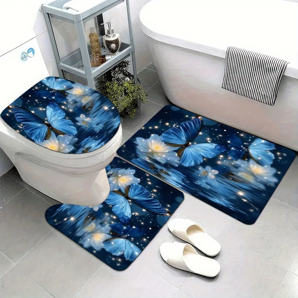 

3pcs Blue & Beige Butterfly & Floral Bath Rug Set - Soft Flannel Shower with Non-Slip Backing, Luxury Glitter for Bathtub Shower