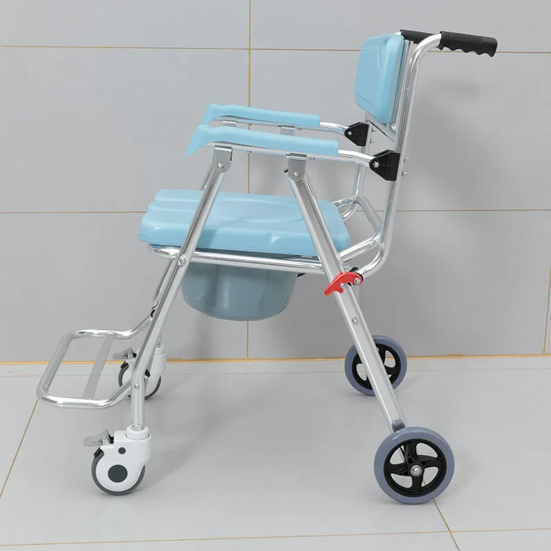 Kursi Mandi Kursi Toilet Dorong Tangan Tua Paduan Aluminium, Kursi Toilet Samping Tempat Tidur dengan Empat Roda Kapasitas Beban Maksimum 330lbs