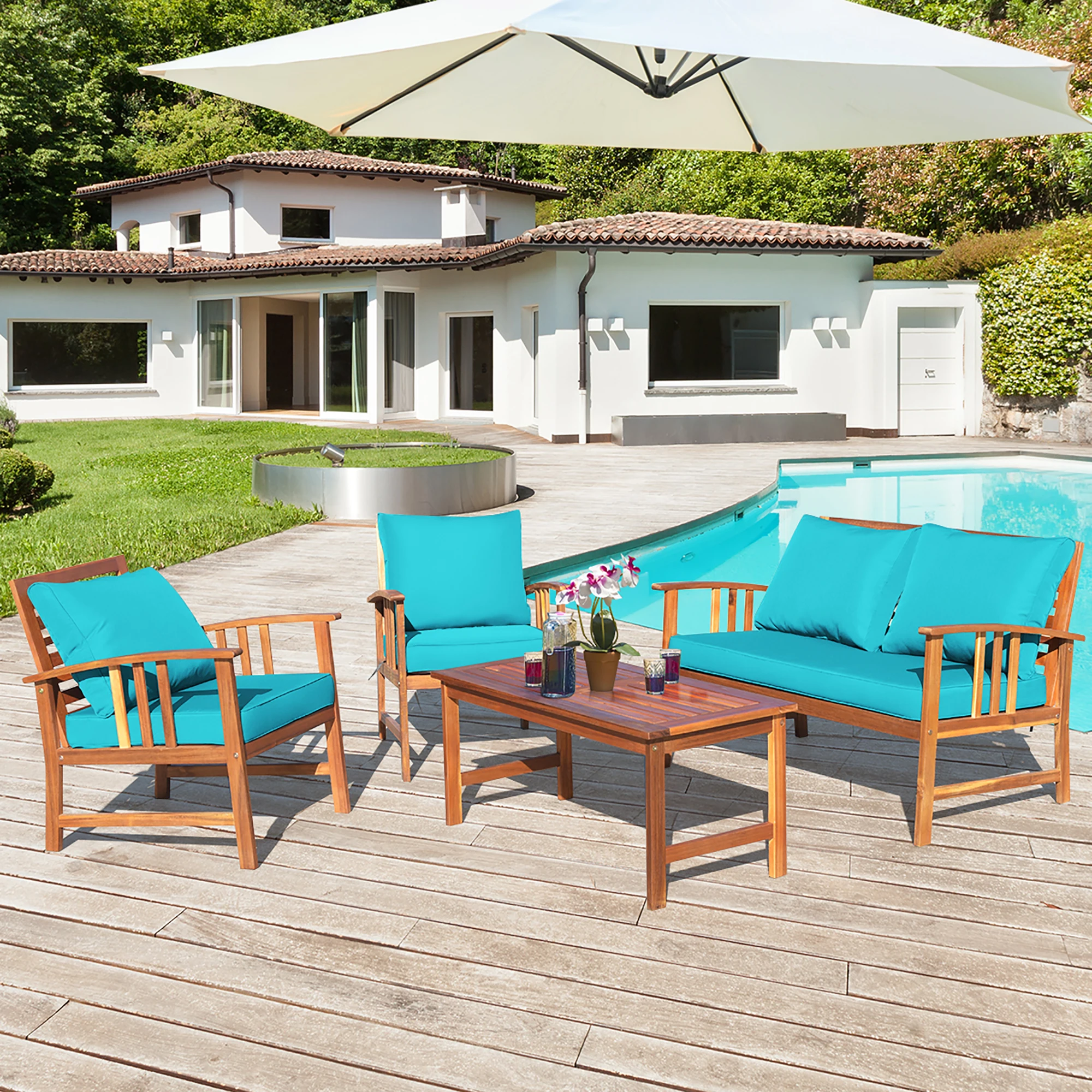 

4PCS Wooden Patio Furniture Set Table Sofa Chair Cushioned Garden Turquoise