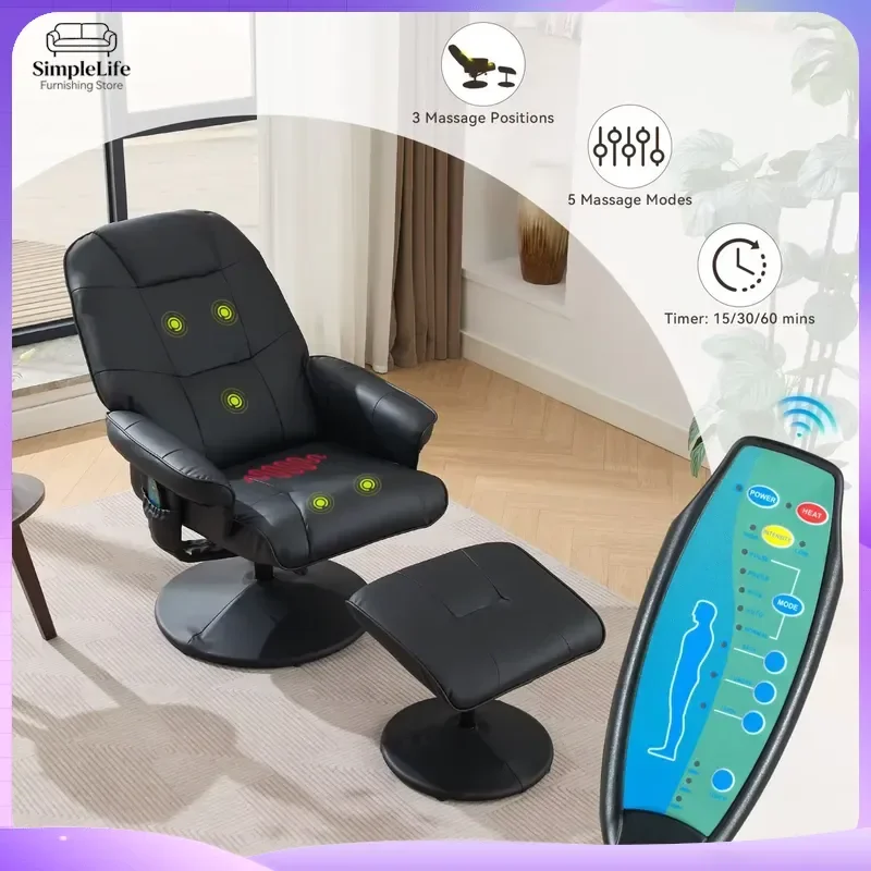 Black Massage Recliner Chair with PU Leather 360 Degree Swivel Base Adjustable Backrest Home Office Ergonomic Lounge Chair