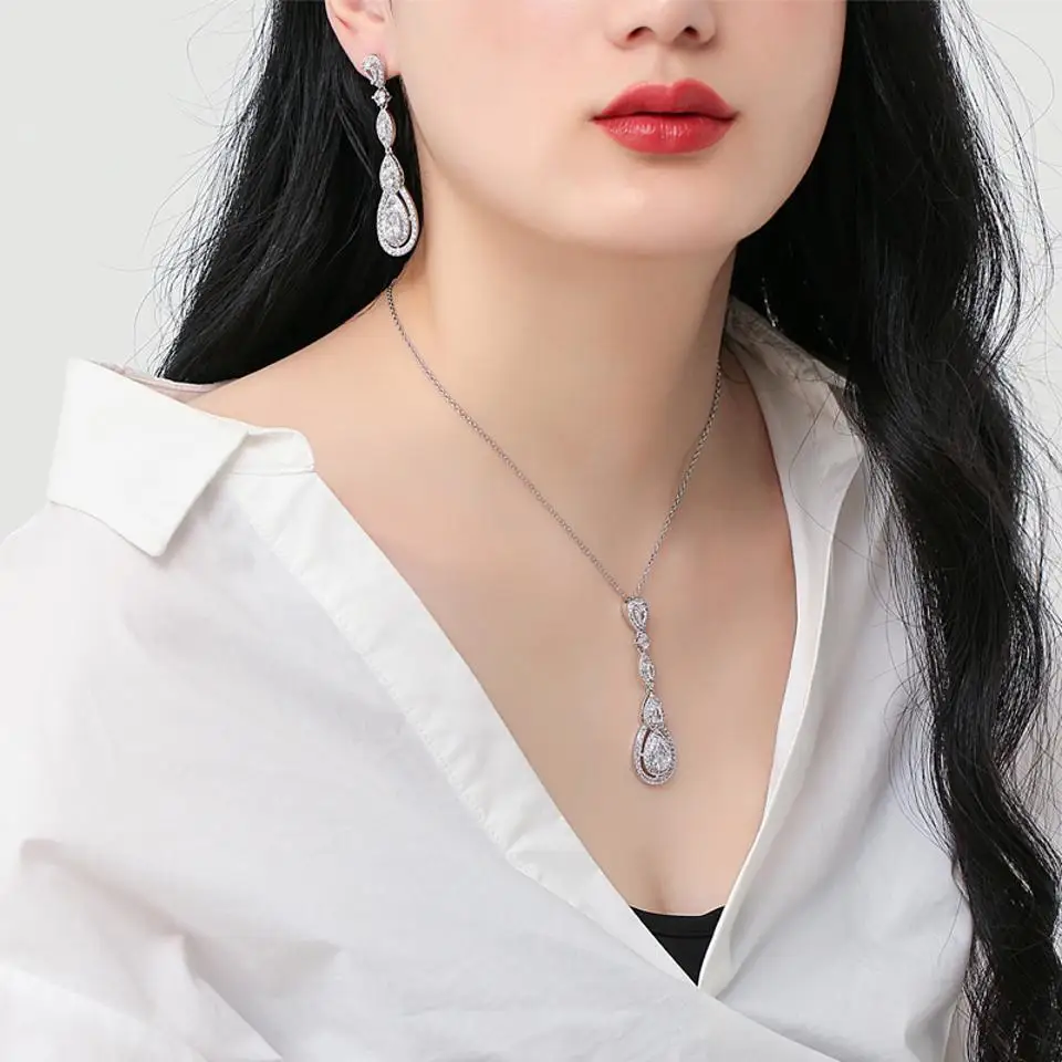 ZAKOL Fashionable Water Drop Shape Zircon Necklace For Women Elegant Charms Silver Color Bridal Wedding Jewelry Accessories