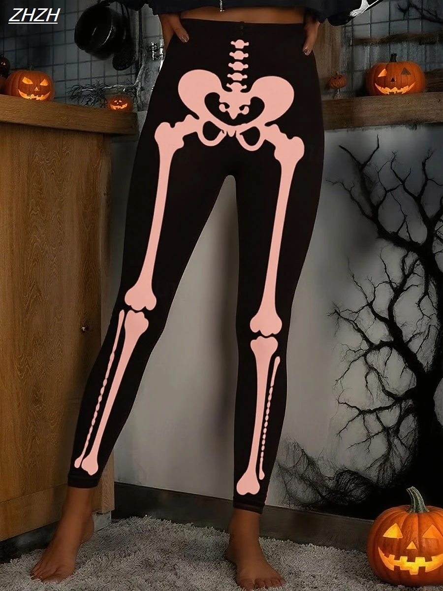 Women's Leggings Halloween Skeleton Graphics Outdoor Trousers Polyester Spandex Stretch Elastic Waist,Control Fall Streetwear