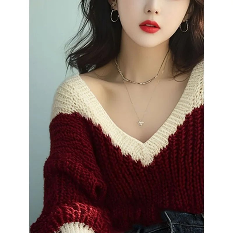 Simplicity Solid Color V-neck Sweater Women Autumn Winter Red Long Sleeve Knitwear Office Lady All-match Trend Knitting Tops