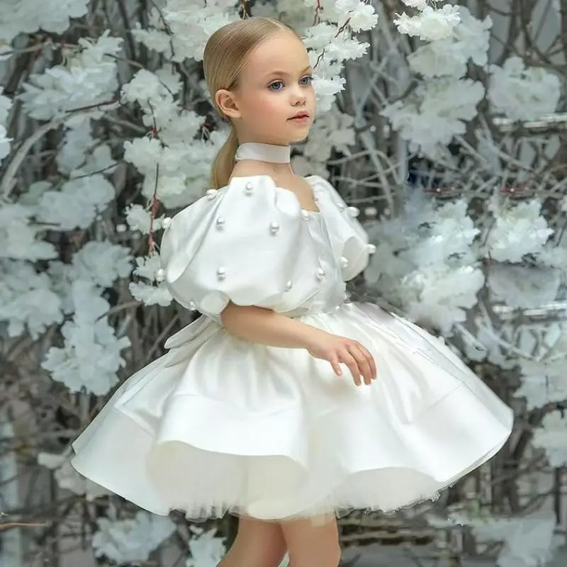 2025 New Flower Girl Satin Dresses Birthday Party Middle and Young Children Modelling Runway Piano Playing Tutu Skirt