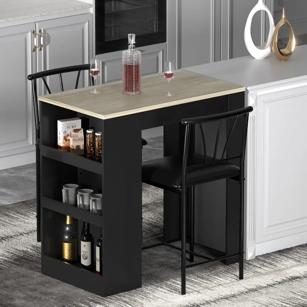 Tall Bar Table and 2 Stools Set with Storage Shelves, Space-Saving Kitchen Breakfast Nook, Gray