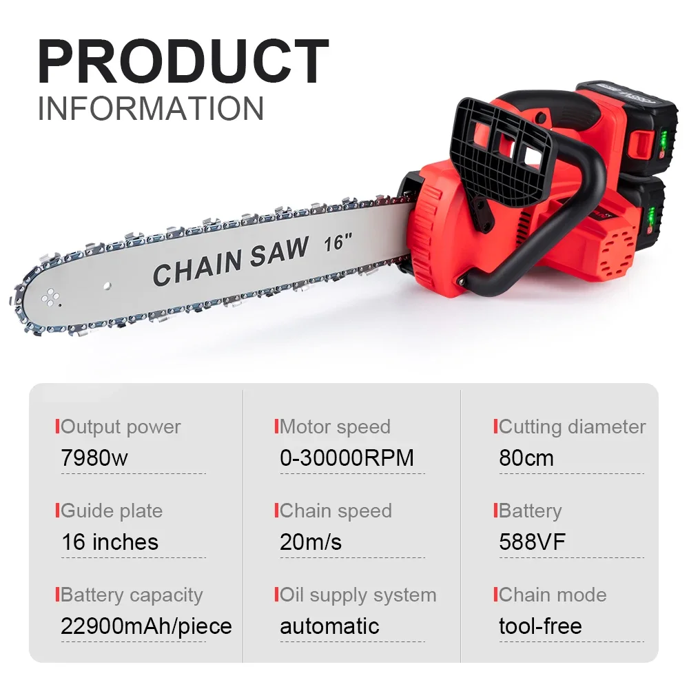 16Inch Brushless Electric Chain Saw 7980W Portable Chainsaw Rechargeable Cordless Graden Pruning Tools For Makita 18V Battery