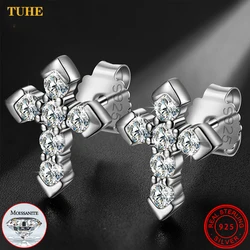 2024 New Unisex Full Iced Out Moissanite Religious Cross Earring Real Silver 925 Fine Women Jewelry Christmas Gifts