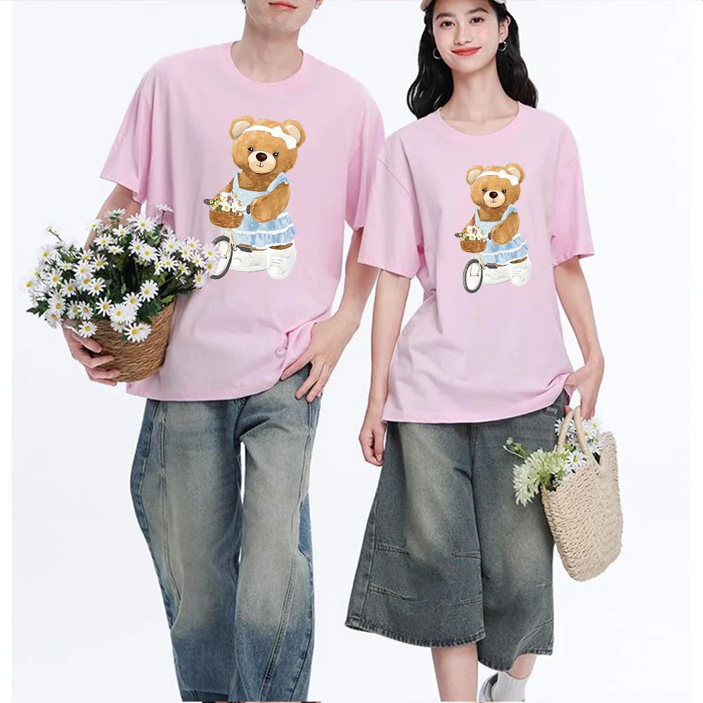 Cute Bear Girl Bicycle Flower Basket Printed T Shirt Breathable Fabric S-XXL Personalized Custom Aesthetic Graphic Top Unisex Fi