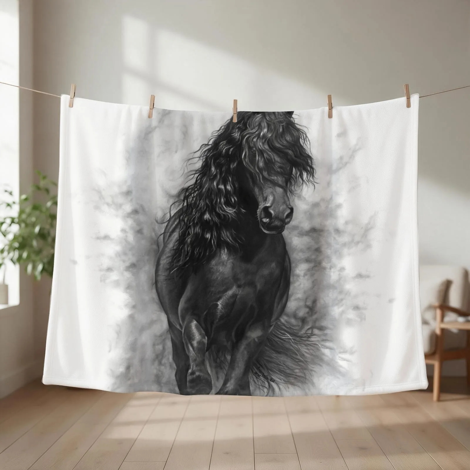 Black stallion in the mist Throw Blanket couch cozy soft plush fuzzy picnic outdoor blanket