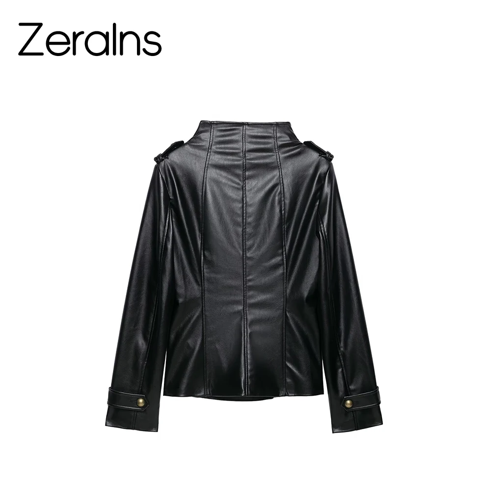 ZERAINS 2026 autumn new product women's slim fit long sleeved stand up collar leather effect button up jacket