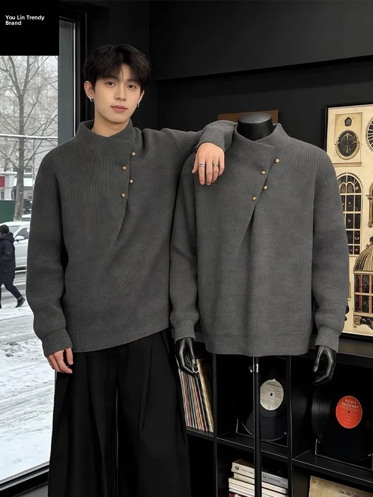 

Мужской свитер с высоким воротником, зимний, повседневный, из смесового хлопка, с длинными рукавами, с нестандартным дизайном пуговиц, в стиле преппи, для ношения под одеждой