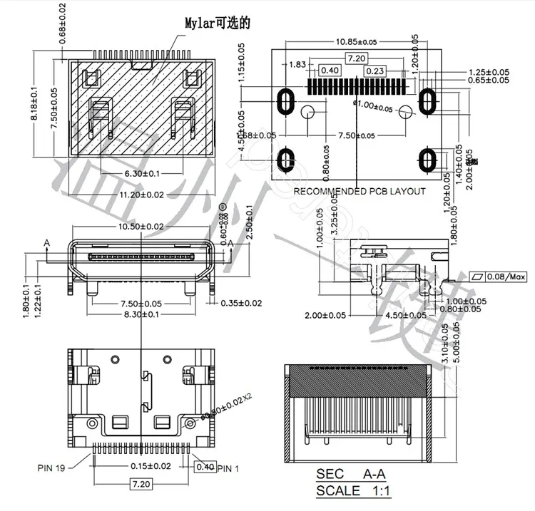 女性用金メッキ銅ノートブックインターフェース,HDMI-MINI-19P-SMTスケール,4ピン,フルプラグ,hdmiショートbo