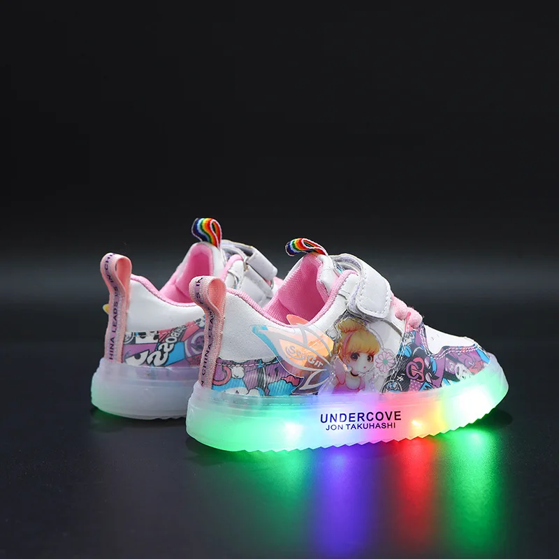 Disney Children\'s LED Light Shoes Sneakers Pu Girls Princess LED Light Children 1-6 Years Old White Pink Casual Sports Shoes