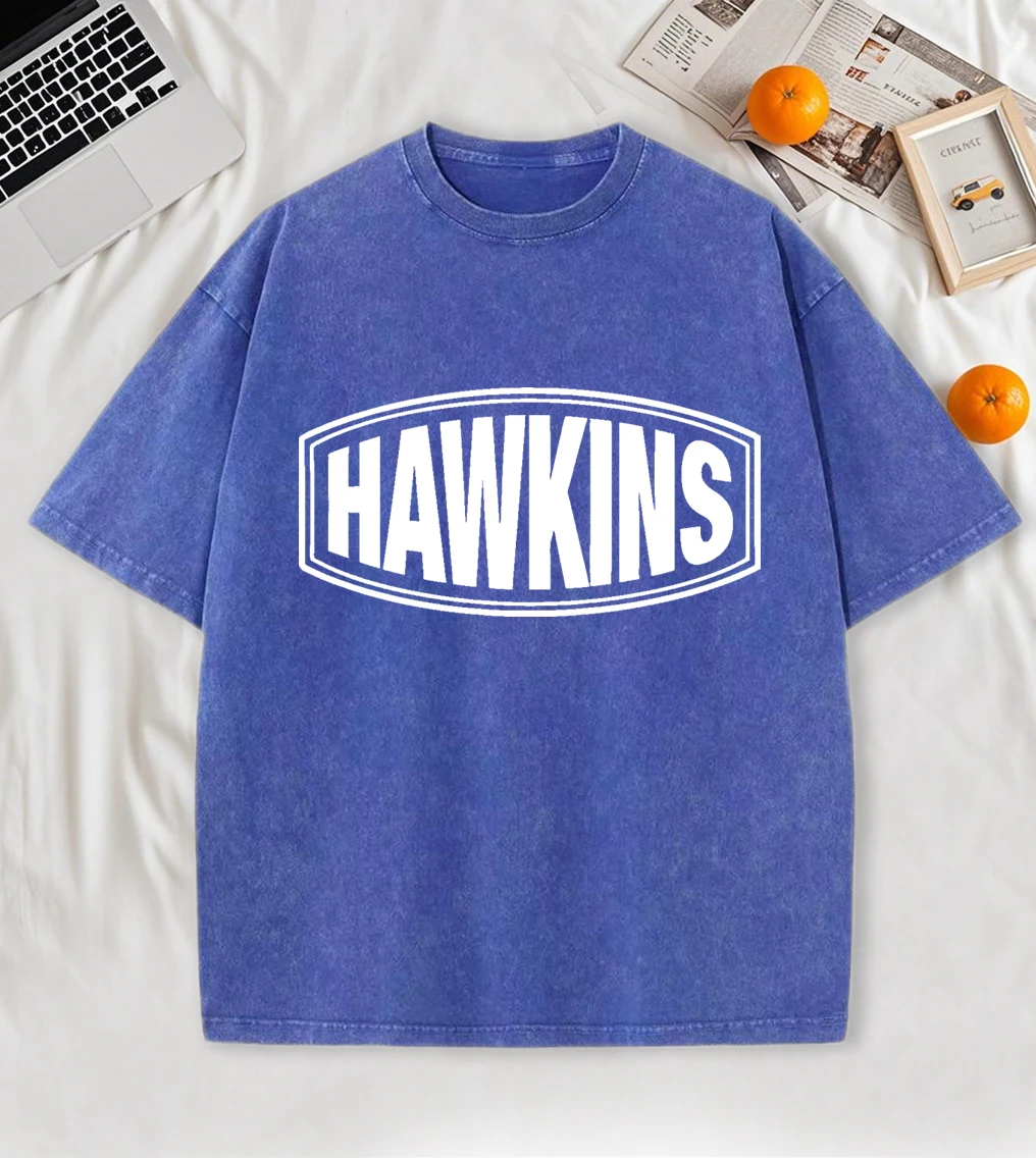 

Мужская футболка с принтом Hawkins 1965, летняя модная футболка из мягкого хлопка с круглым вырезом, короткий винтажный свободный топ унисекс