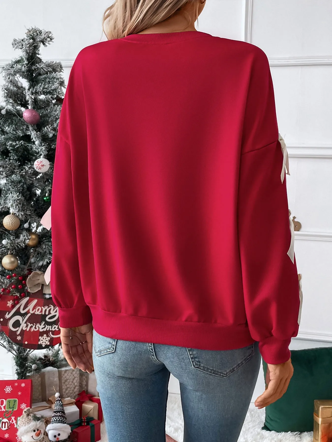 Round Neck Bow Sweatshirt Regular Length Sweet and Fresh with Pullover Patchwork Regular Sleeve Autumn Loose Fit Women Hoodie