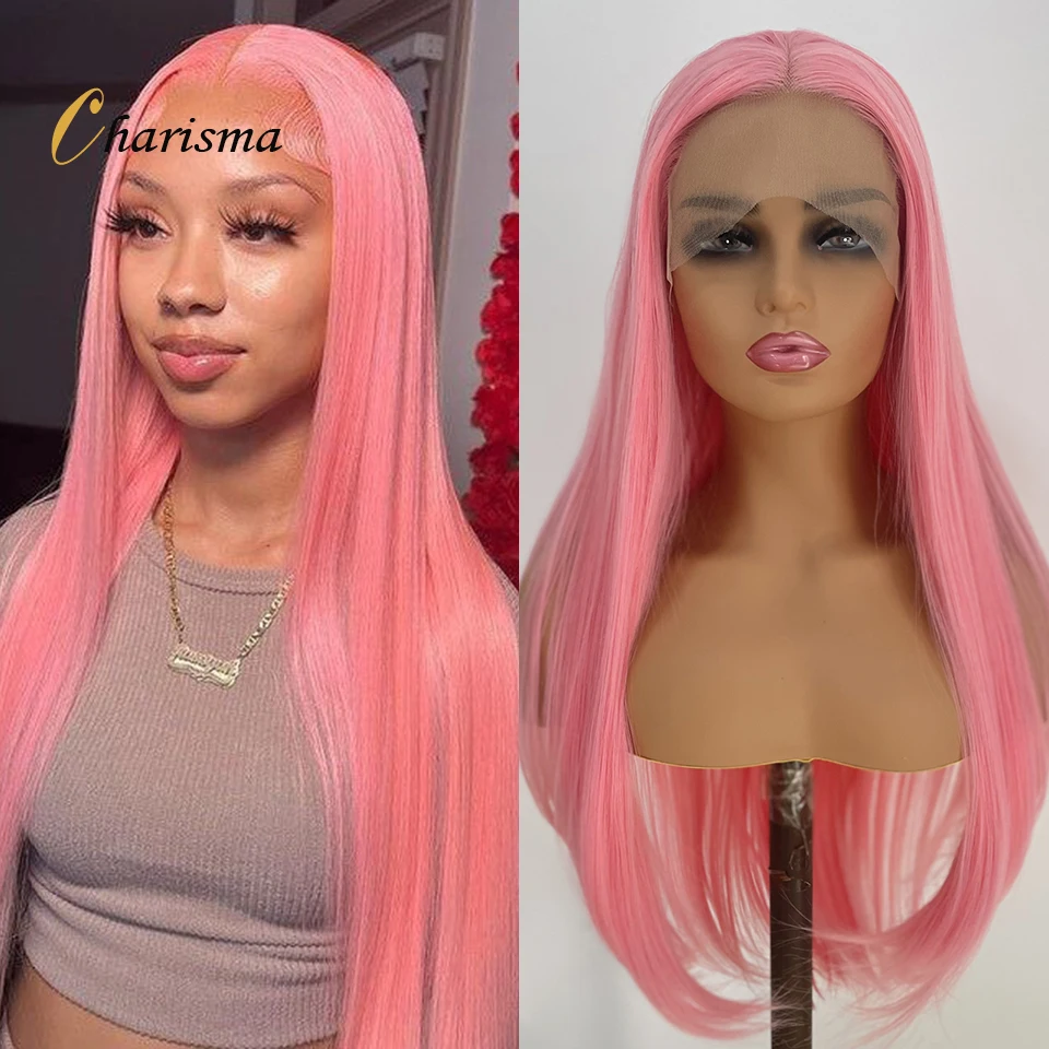 

Charisma Synthetic Lace Front Wig Natural Wavy Hair Pink Wigs For Women Middle Part Lace Wig Pre Plucked Hairline Wig