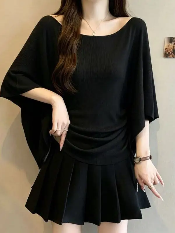 Women's Ice Silk Knitted Sun Protection Shirt Half Sleeve Drawstring Waist Design Slimming Effect Summer Thin Large Size Top