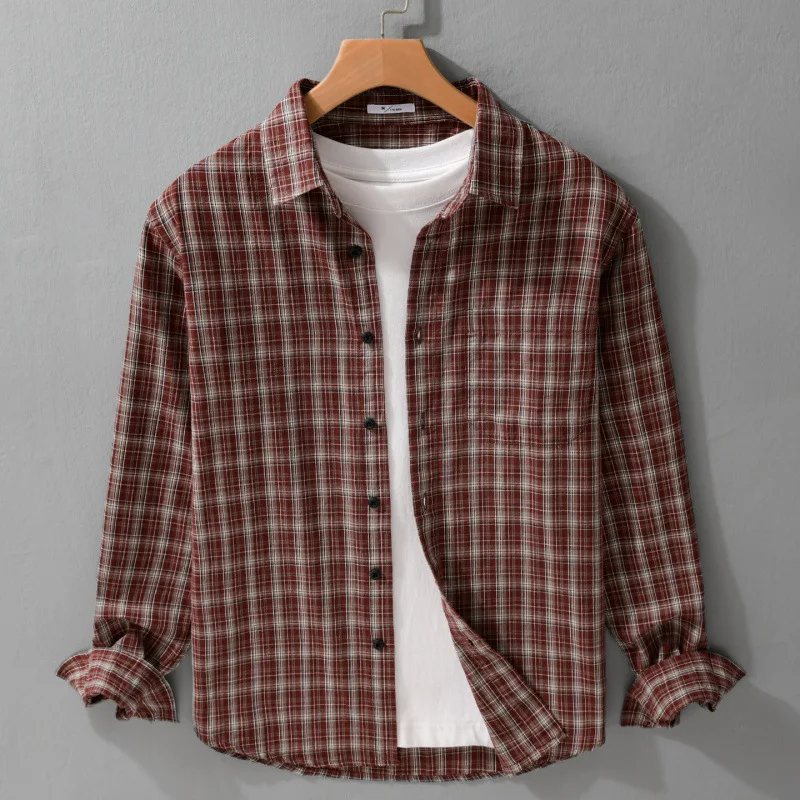 

100% Cotton Houndstooth Shirt for Men Japanese-style Plaid Hong Kong Flavor Casual Fashion Minimalist Long Sleeve Loose Top