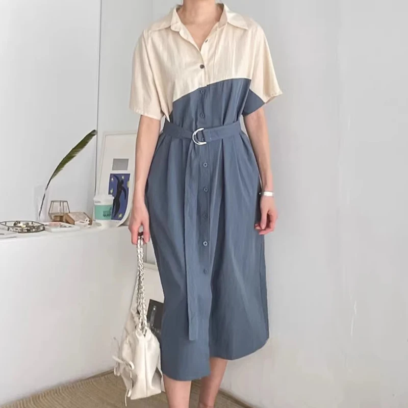 

SuperAen 2024 Korea Chic Summer Vintage Elegance Lapel Waist Panel Irregular Contrast Short Sleeve Dress