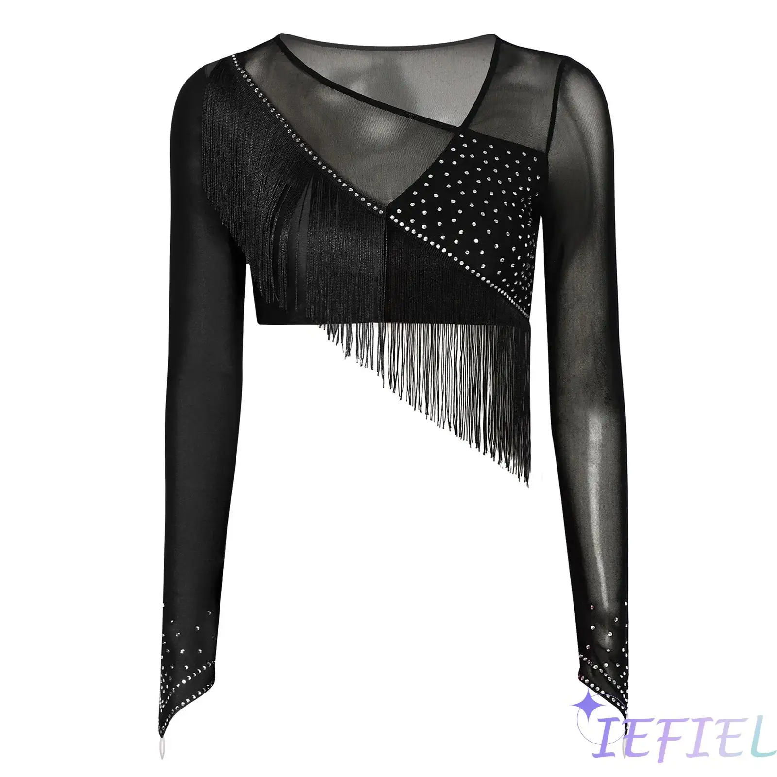 

Womens Chacha Rumba Salsa Tango Tops Outfit Elegant Latin Dancewear Glittery Tassel And Rhinestones Long Sleeve Mesh Dance Top