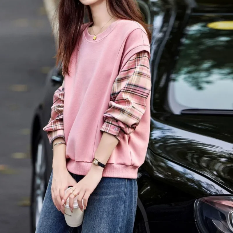 Women's Clothing Round Neck Spring Autumn Contrast Color Checkered Lantern Long Sleeved Casual Elegant Pullover All-match Tops