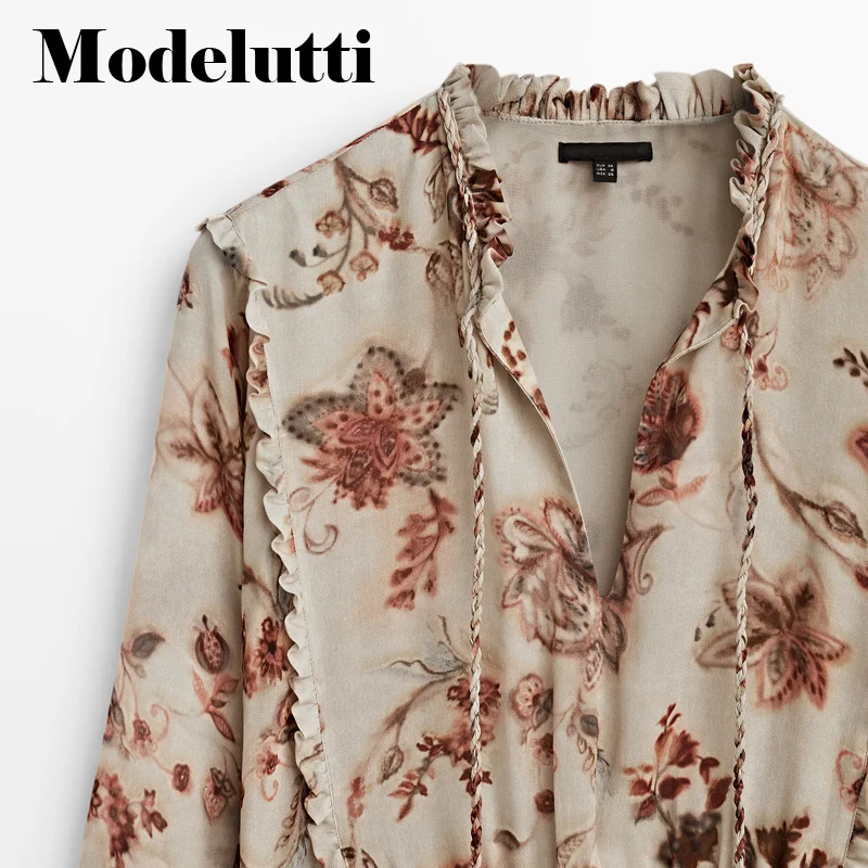 Nieuwe Lente 2023 Herfst Mode V-hals Schimmel Trekken Terug Lange Mouwen Romantische Print Jurk Eenvoudige Casual Elegante Vrouwen