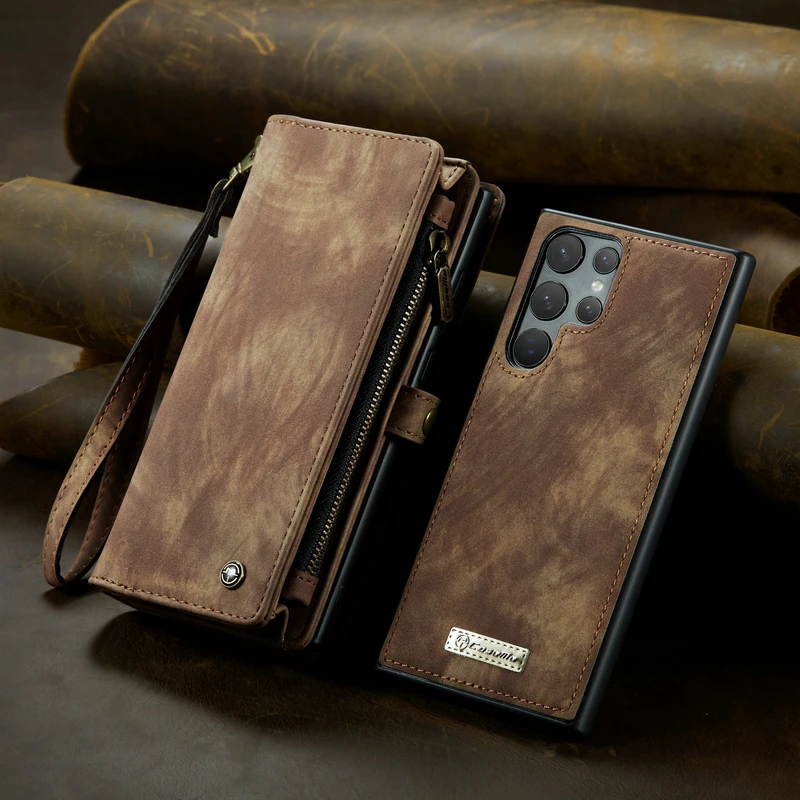 CaseMe-Leather Zipper Phone Case, Multifunction Wallet, 2 in 1 Full Case, Samsung Galaxy S21, S22, S23 Plus, Note 20 Ultra, A53