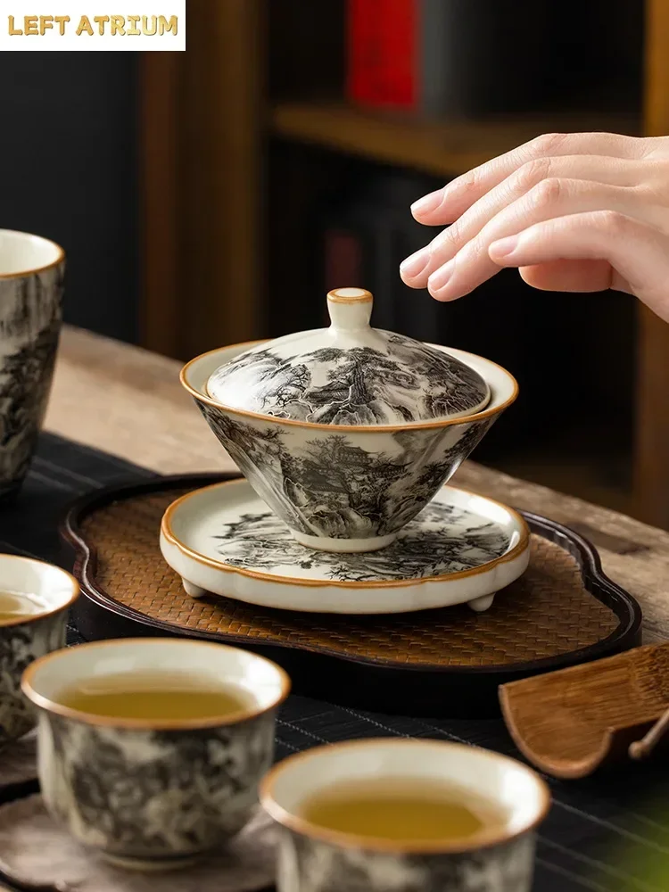 130ML Ru Kiln Landscape Porcelain Gaiwan Set For Tea Tureen Teaware Cup Chinese Yellow Ceramic Opening Tea Bowls Tea Ceremony