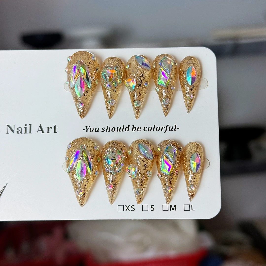 10pcs High-end Luxurious and elegant style, hand-painted square colored diamonds, gilded design, dragon claws handmade fake nail