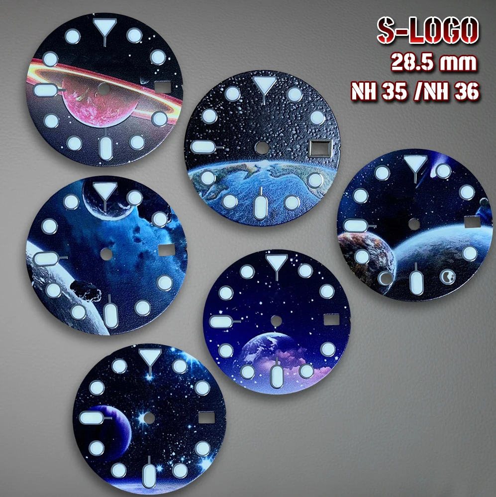 28.5 مللي متر NH35 الطلب S شعار الأرض القمر السماء المرصعة بالنجوم الهاتفي مناسبة لحركة NH35 C3 قوي الأخضر مضيئة ساعة تعديل Accessori