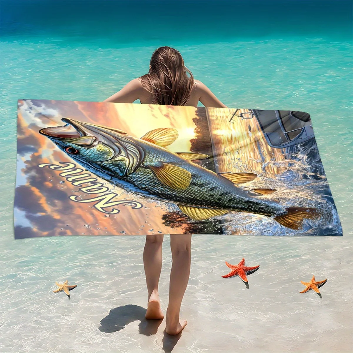 Custom Name Fishing Beach Towel Personalized 3D Snook Fish Print Microfiber Bath Towels 160x80cm All Season Soft Absorbent