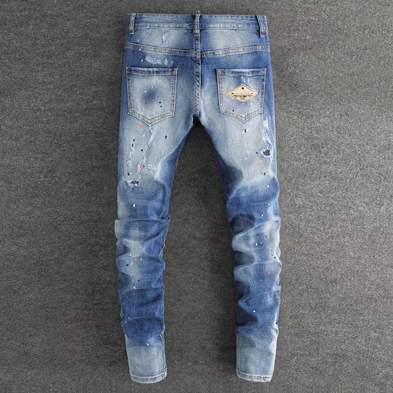 Fashionable new jeans, washed with nostalgia, stretchy, slim fit, light blue men's jeans, high street hip-hop pants, y2k