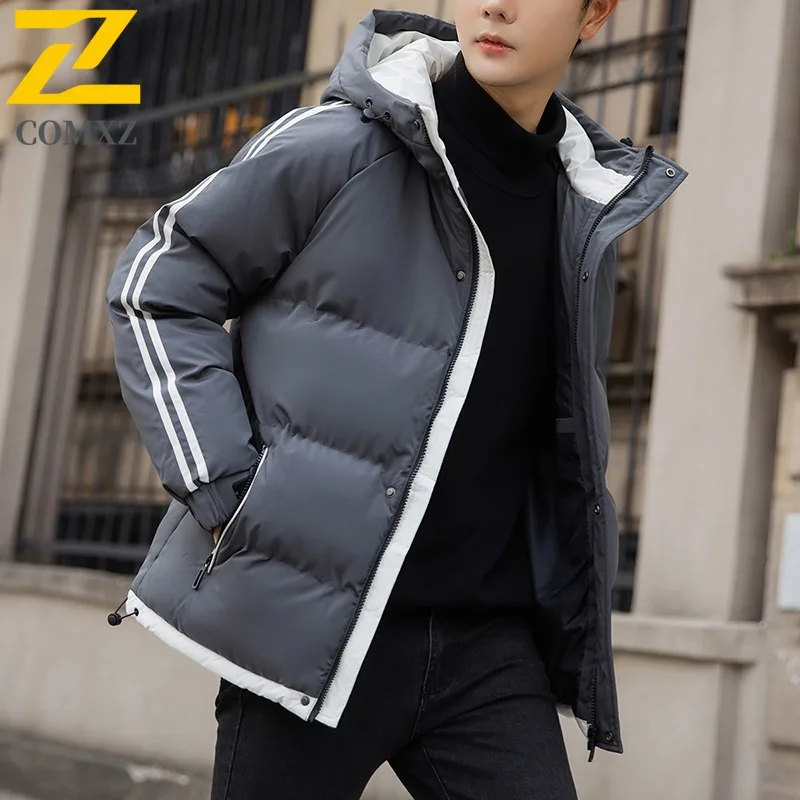 COMXZ 2025 Winter Fashion Stand Collar Cotton Jacket Hooded Winter Waterproof Windproof Outdoor Casual Warm Coat Men Streetwear