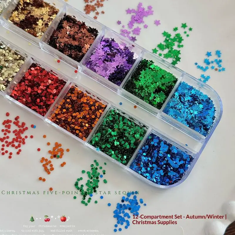 1Box 12 Grids Five-pointed Star Wave Point Nail Art Glitter Sequins Mixed Color Sparkly Mixed Shapes DIY Manicure Nail Decorati