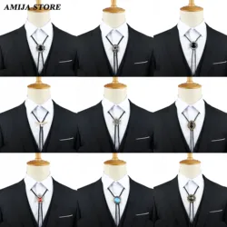 Vintage bolo gravata camisa corrente cowboy jazz liga das mulheres dos homens corda de couro longo colar imitação obsidiana camisola corrente masculino accesso